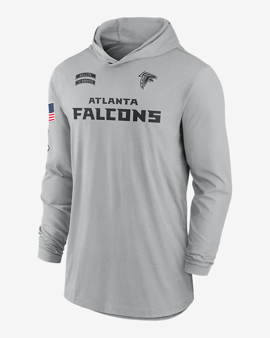 Atlanta Falcons Salute to Service Edge Mascot Lockup Men s Nike Dri FIT NFL Long Sleeve Hooded Top. Nike